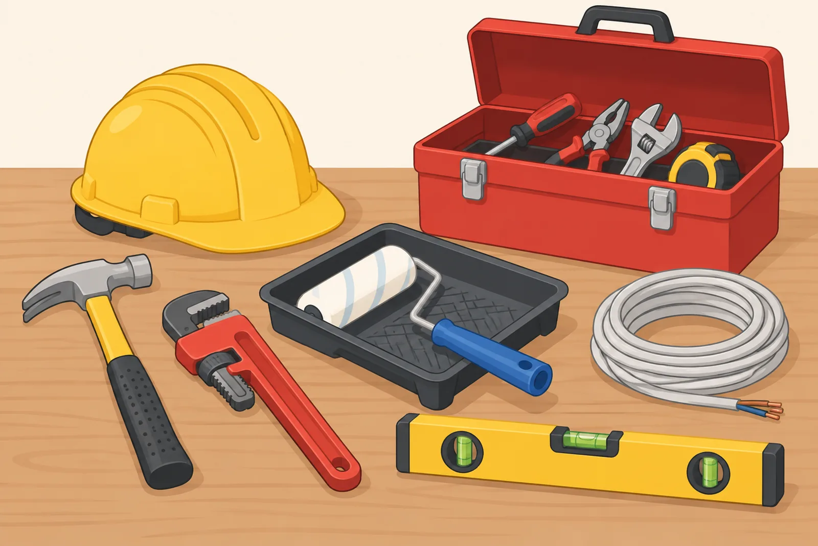 Illustration of home trade tools on a workbench: hammer, pipe wrench, paint roller, cable, hard hat and toolbox