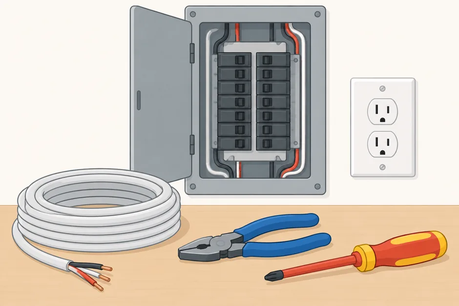 Residential electrical work: cable, breaker panel and hand tools