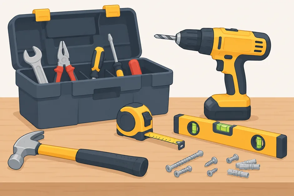 General home repair tools: toolbox, cordless drill, tape measure and level