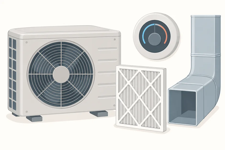 Home heating and cooling equipment: condenser unit, air filter and thermostat