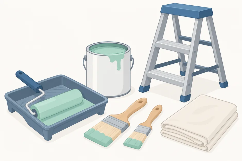 Interior painting supplies: roller, brushes, paint can and drop cloth