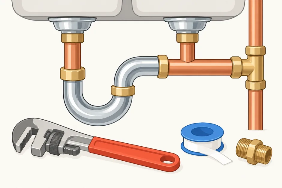 Plumbing tools and copper pipes under a kitchen sink