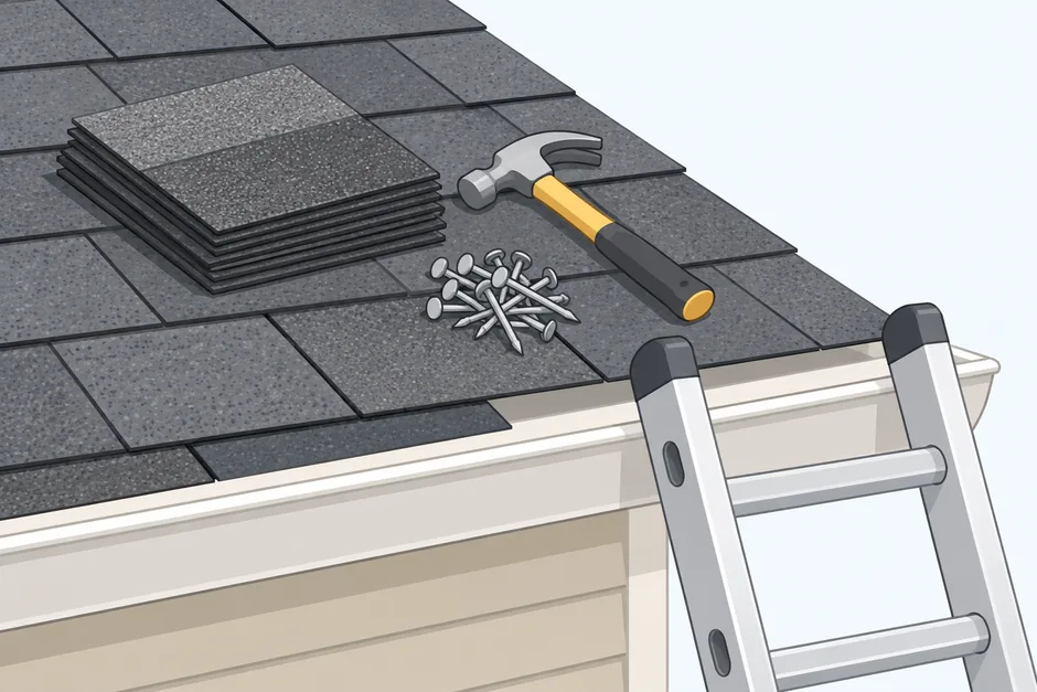 Roof repair: asphalt shingles, roofing hammer and a ladder at the eave